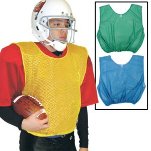 Pro Down heavy-duty football scrimmage vest worn over shoulder pads, shown in gold with green and blue insets