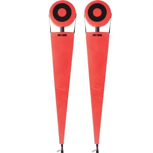 Pair of Pro-Down football chain markers featuring solid orange banners, round bullseye tops, and fully padded black safety poles.