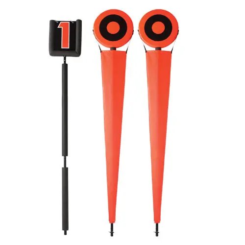 Complete J.V. football chain set package featuring solid orange banners, bullseye tops, and a manual flip down indicator with black safety padding.