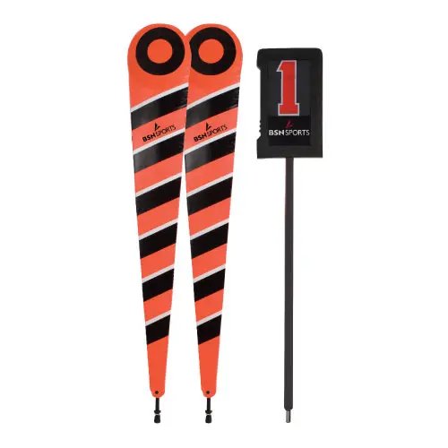 BSN SPORTS football sideline package featuring 8-foot diagonal stripe chain markers and a pro-style down box with 12.5-inch numbers.