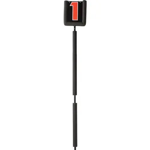 Padded football down indicator with manual flip numbers, displaying a high-visibility orange number one on a black safety pole.