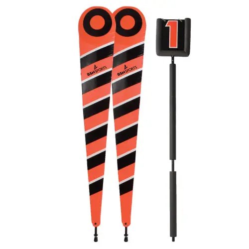 Collegiate football chain set package featuring 8-foot markers with diagonal stripes and a manual flip down indicator with safety padding.