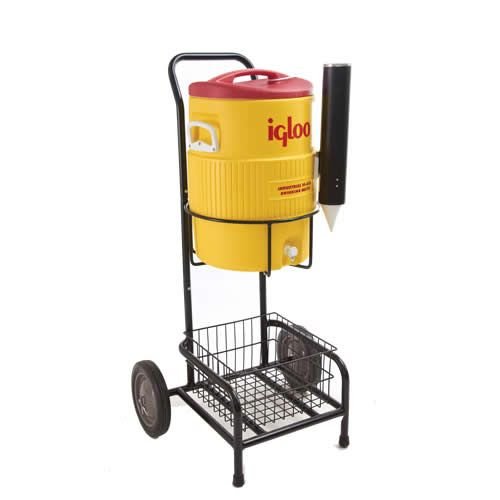 Water cooler cart with wheels for transporting 10-gallon coolers to athletic sidelines