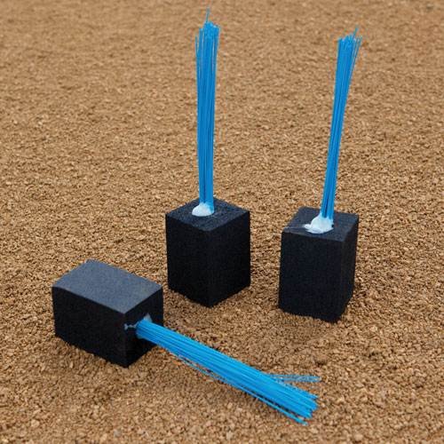Big League Base Plugs 3-pack with blue feathered tops for baseball field base anchor protection
